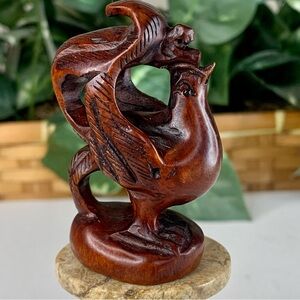 Hand Carved Rooster Boxwood Netsuke Figurine Wood Carved Animal Fancy Plumage